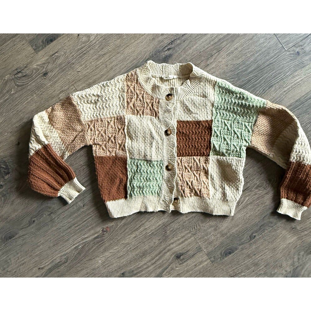 Very J Colorblock Patchwork Cable Knit Cardigan Sweater - Size Small